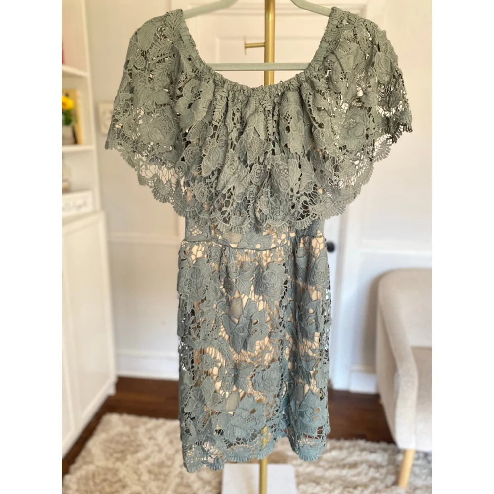 Romeo Juliet Couture Mini Dress Sage Lace Romantic Cottagecore Feminine Luxury